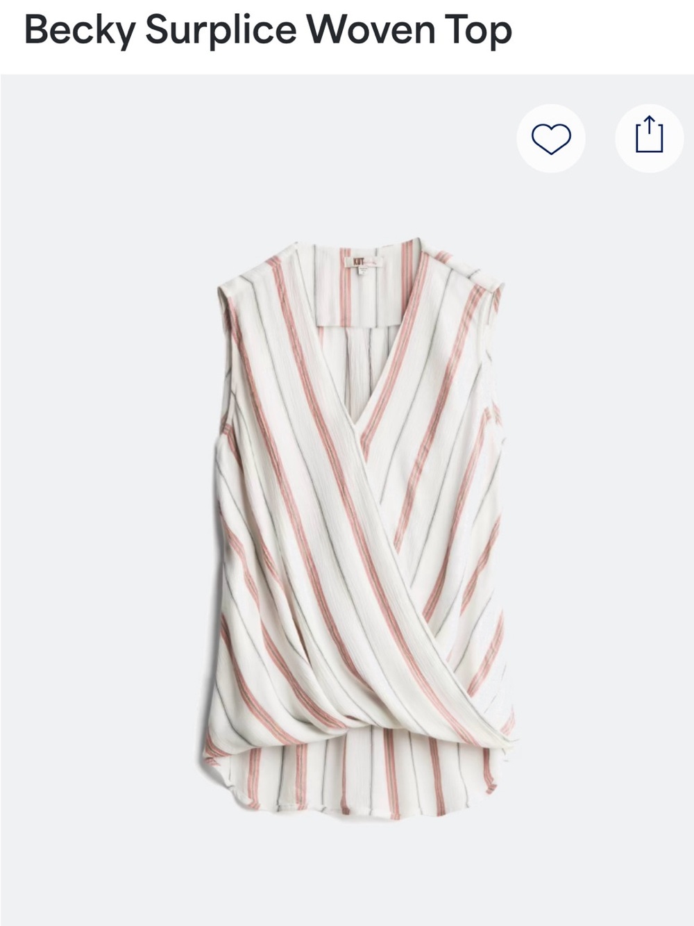Kut from the Kloth White Sleeveless Surplice Top with Blush Stripes Size XL NWT